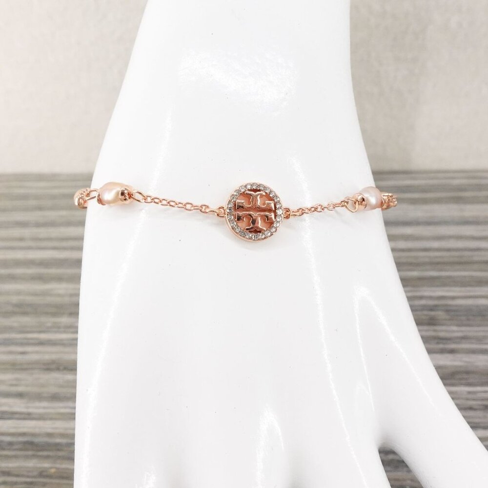 Tory Burch Miller Pave Logo Cultured Pearls Bracelet Rose Gold OS - Picture 6 of 12